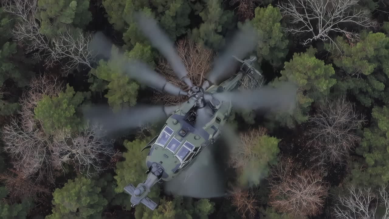 Military Helicopter Over Forest