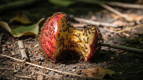 decomposing apple surrounded by ants in a natural environment: a detailed study of insect behavior on decaying fruit with rich earthy background