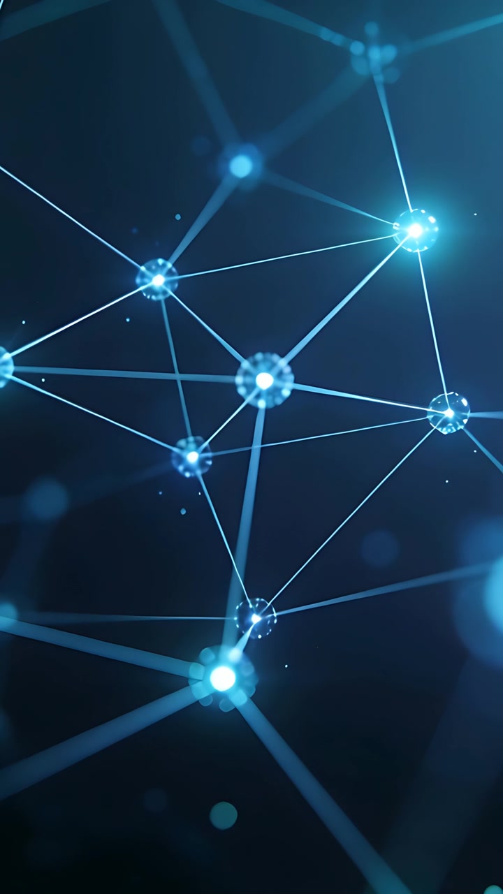 Vertical video: Pulsing lines sparking nodes, cluster drifting in 3D, visualizing data flow