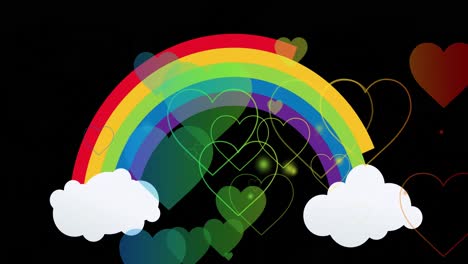 Animation-of-clouds-and-hearts-over-rainbow-background