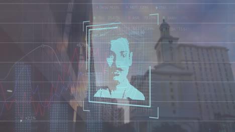 animación de la imagen de perfil digital, gráficos, candado, escudo sobre los edificios contra el cielo nublado