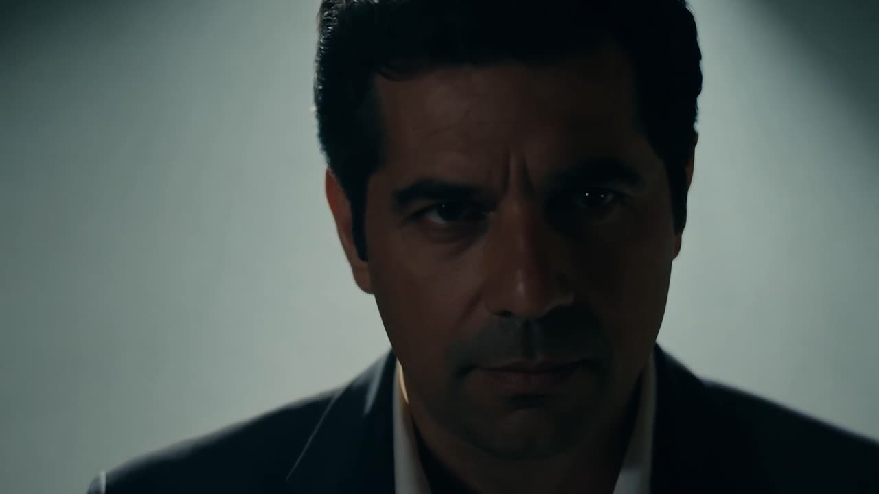 hombre de negocios mirando seriamente bajo un reflector en un entorno oscuro, exudando confianza y profesionalismo