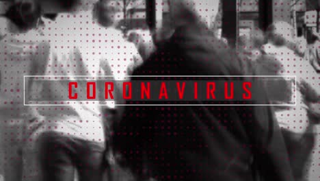 animación del texto del coronavirus sobre personas que caminan por la ciudad