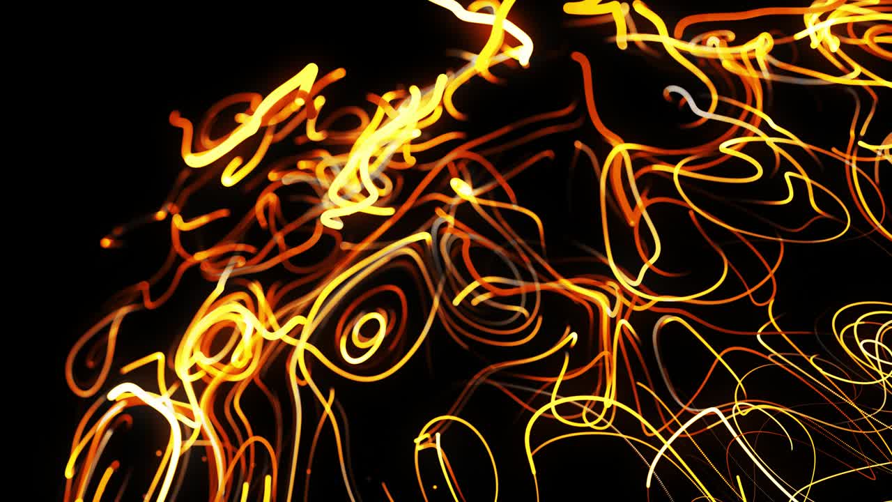 el flujo de partículas forma líneas amarillas rizadas como senderos de luz brillante, las líneas forman un patrón giratorio como ruido de rizado. animación 3d abstracta como fondo festivo creativo brillante. líneas rápidas de luz