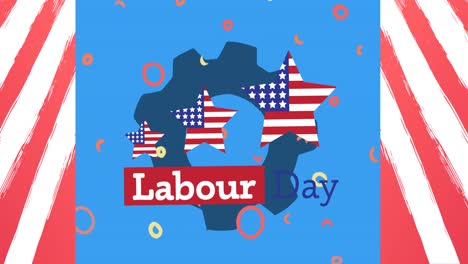 Animation-of-labor-day-text-over-cog,-stars-and-american-flag