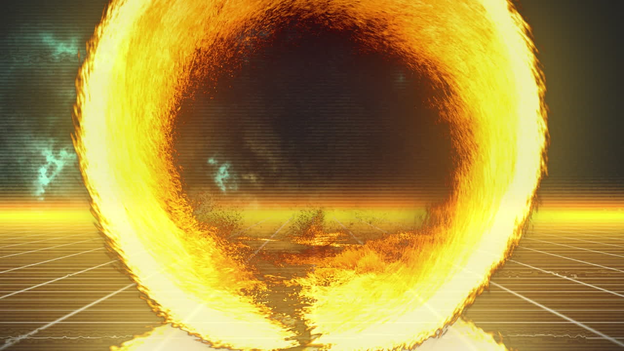 빛나는 노란색 그리드 위에 돌고 있는 불의 고리의 애니메이션