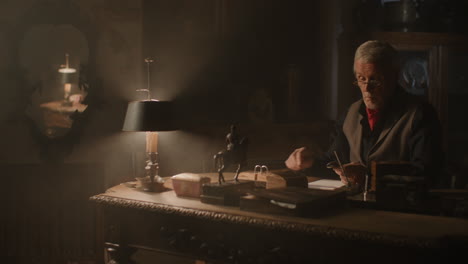 older passionate man evaluates an old watch in his office at night