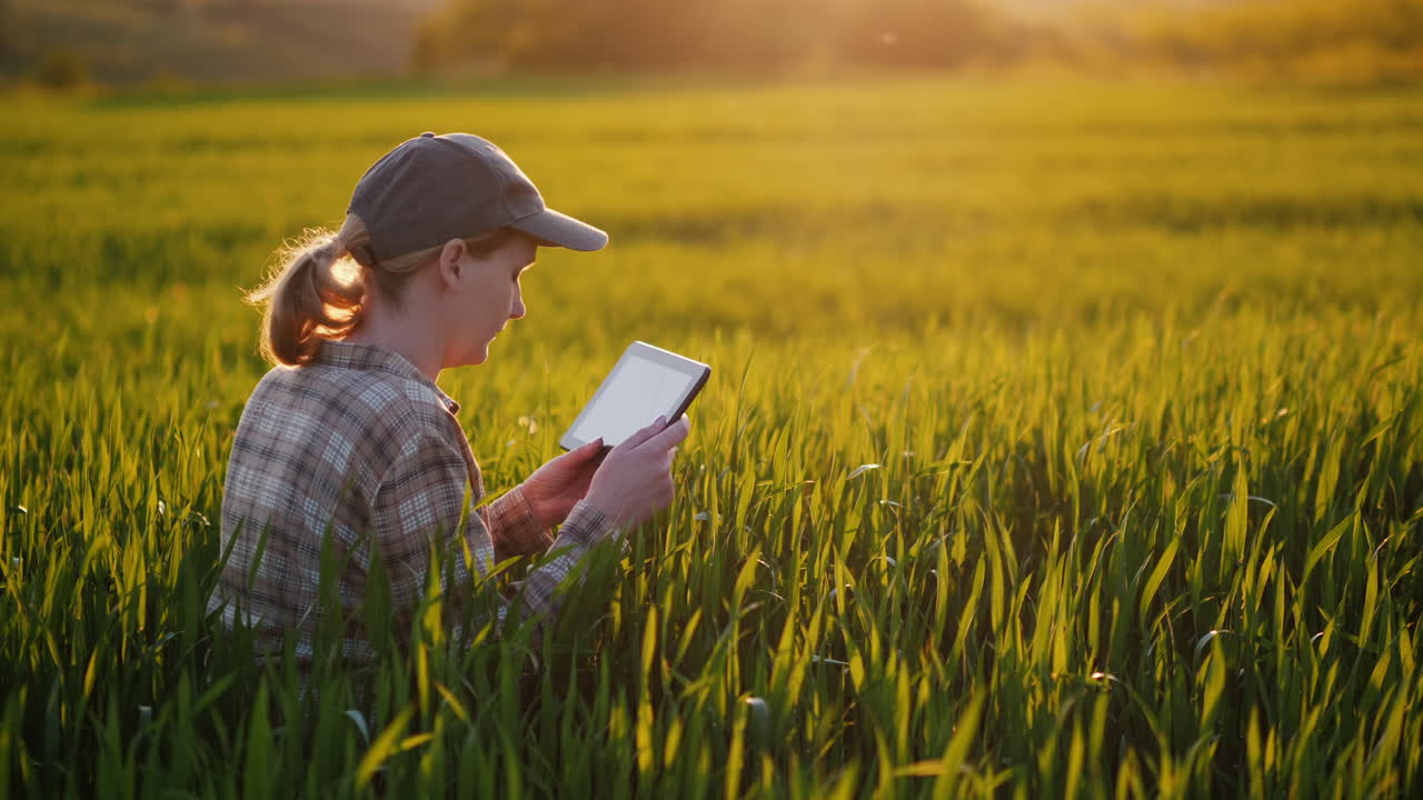 la agricultora se sienta en un campo de trigo y estudia los brotes usa una tableta