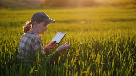 la agricultora se sienta en un campo de trigo y estudia los brotes usa una tableta