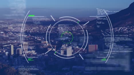 Animation-of-scope-scanning-over-data-processing-against-aerial-view-of-cityscape