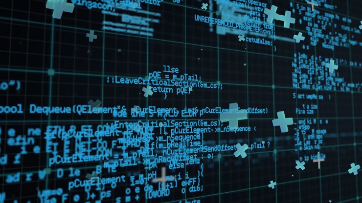 Animation of data processing over grid on black background