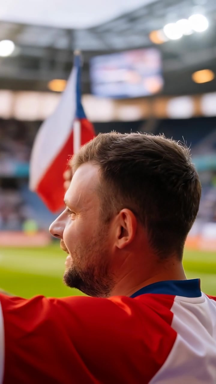 Video verticale: Tifoso con maglia rosso-bianca che guarda la partita, alza una bandiera tricolore ed esulta sotto le luci.