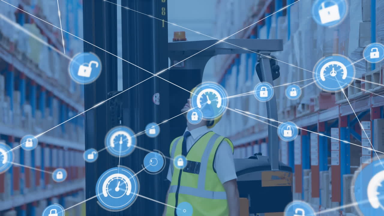 창고에서 일하는 사람 위의 아이콘과 연결 네트워크의 애니메이션