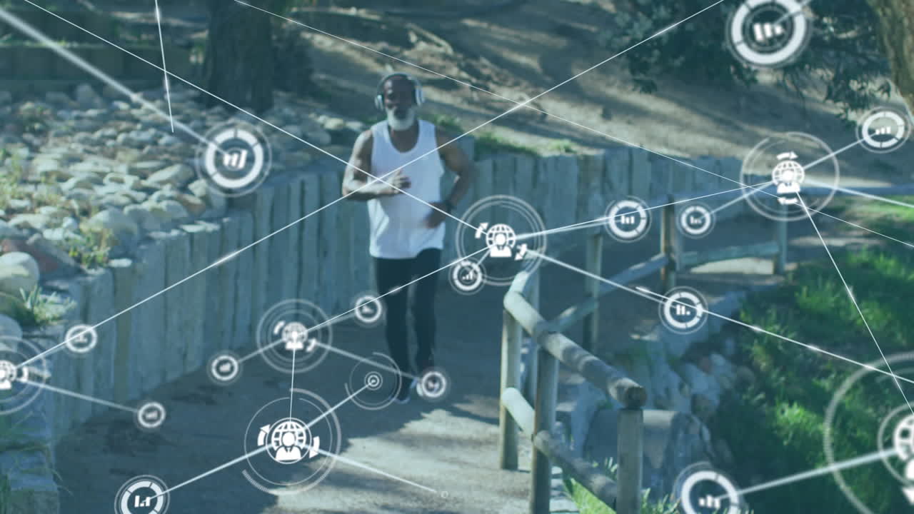 해변에서 달리는 노인 아프리카계 미국인 남자에 대한 연결 네트워크의 애니메이션