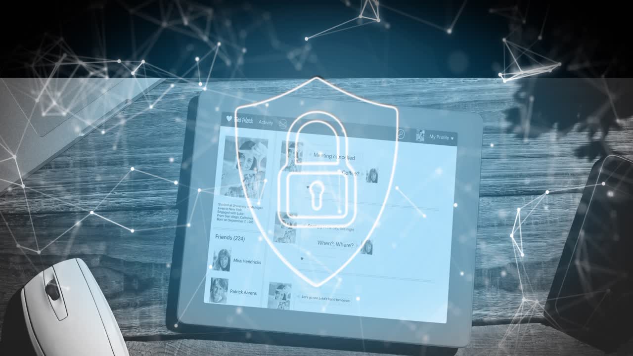 Tablet computer receiving fading padlock overlay and displaying pulsing network nodes for security