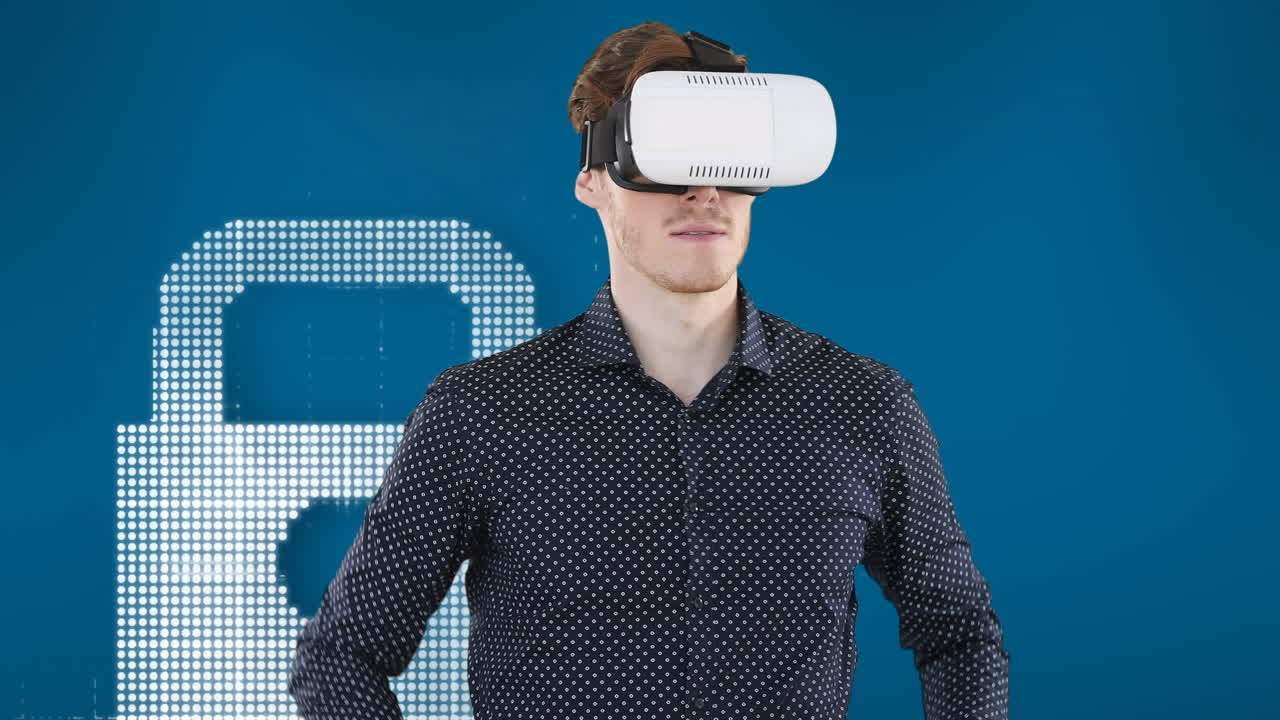 animación de un hombre caucásico que usa auriculares vr sobre un candado de seguridad