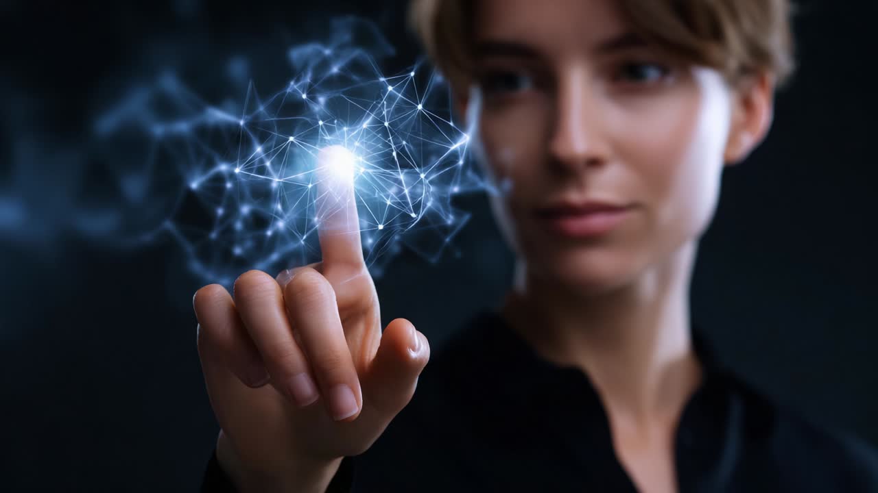 A woman interacts with a glowing, conceptual representation of technology and connectivity, showcasing her finger pointing at dynamic, illuminated particles representing innovation and digital evolution