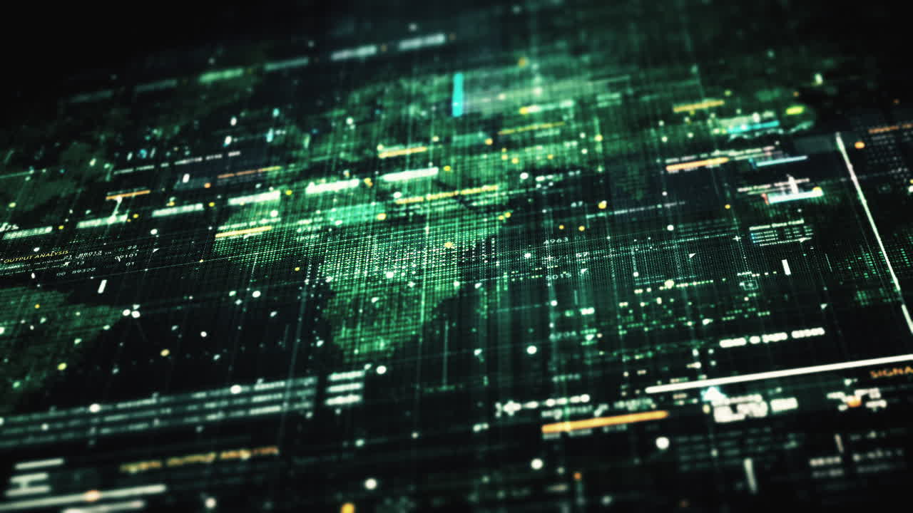 Advance data matrix, telemetry and encrypt numbers simulation user interface display in cyber space abstract de-focus environment background