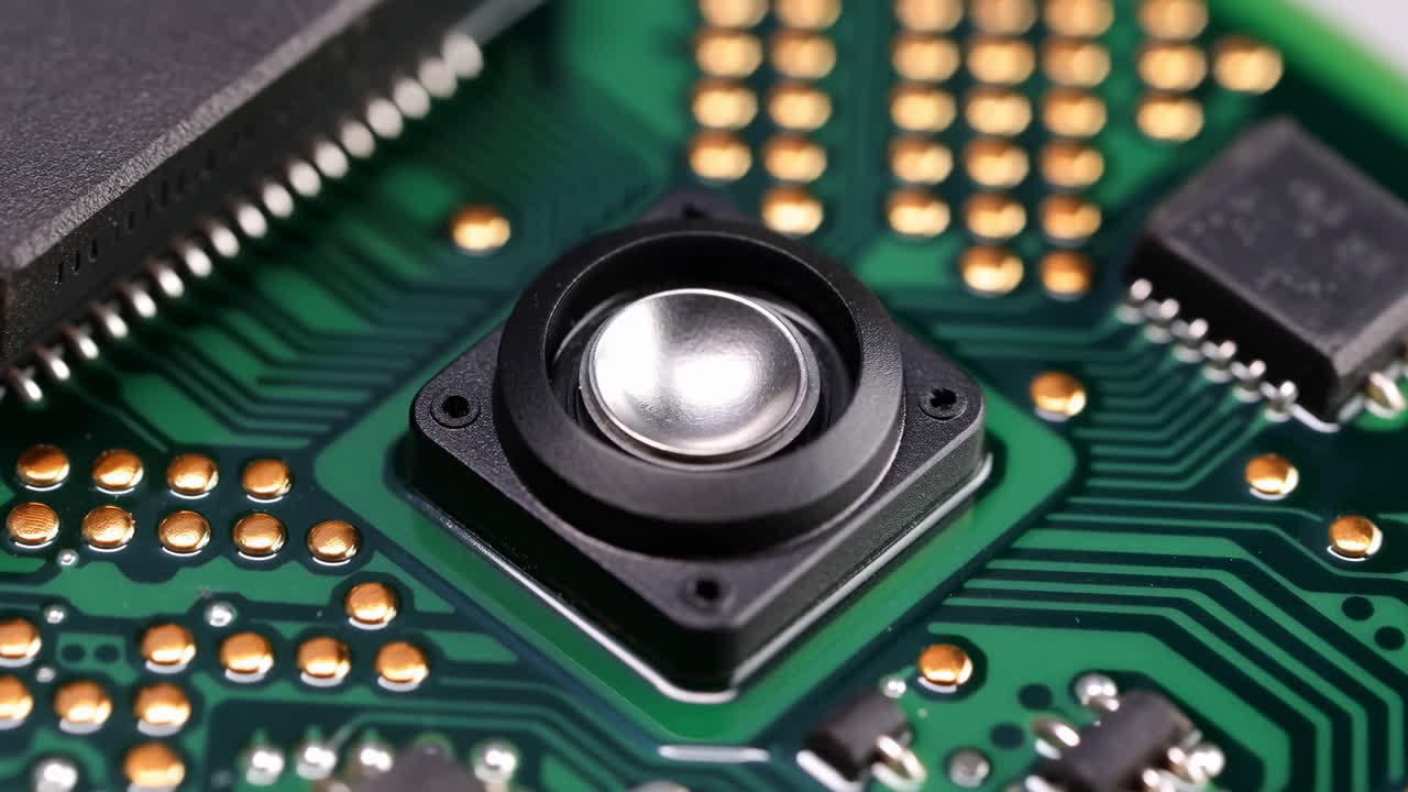 Taktil joystick-sensor på printplade nærbillede viser kuglekontaktenhed, guldbelægninger og loddepunkter, inputmodul