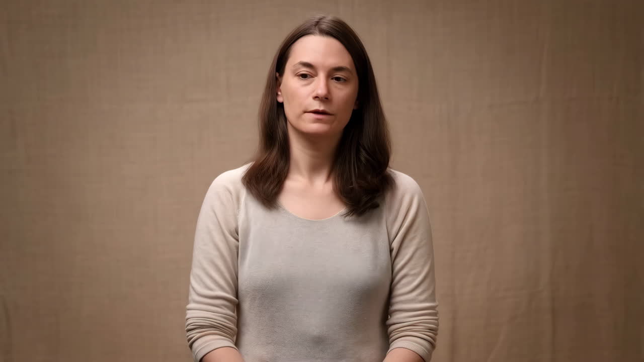 Portrait of a woman with brown hair against a plain background