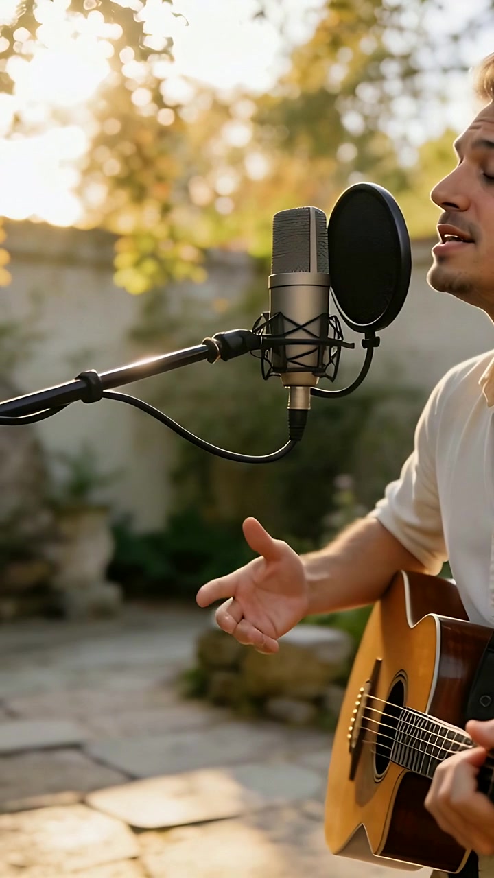 Video verticale: Mano in movimento, cantante con maniche arrotolate che suona la chitarra e canta in un microfono pop in un cortile
