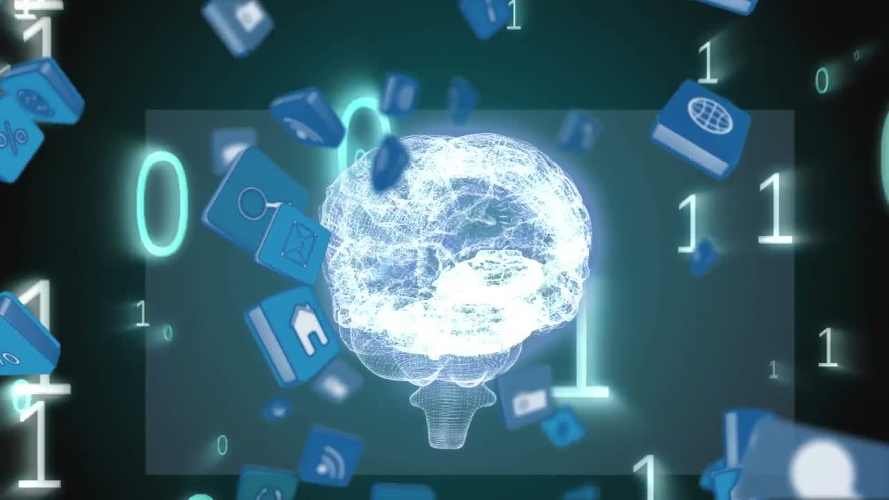 온라인 및 응용 프로그램 아이콘은 이진 코드와 디지털 뇌와 함께 사각형입니다.