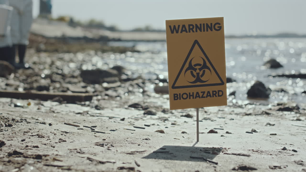 Warning Biohazard Sign on Shore of Polluted Lake