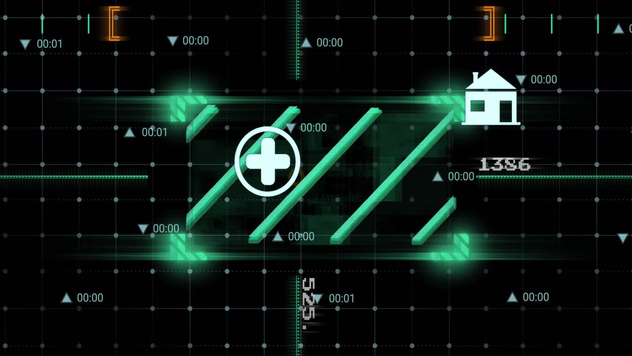 다중 디지털 아이콘의 애니메이션과 검은 바탕에 그리드 네트워크를 통해 스캐너 스캐닝