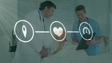 animation of network of connections with icons over diverse doctors and patient in hospital