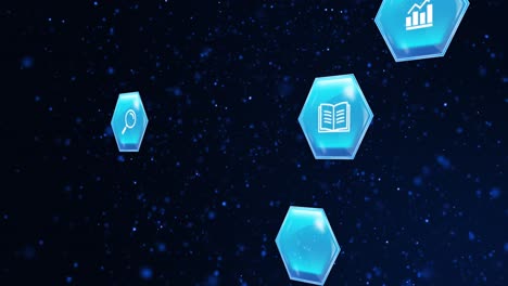 animation of education and learning icons on blue hexagons over stars on blue background