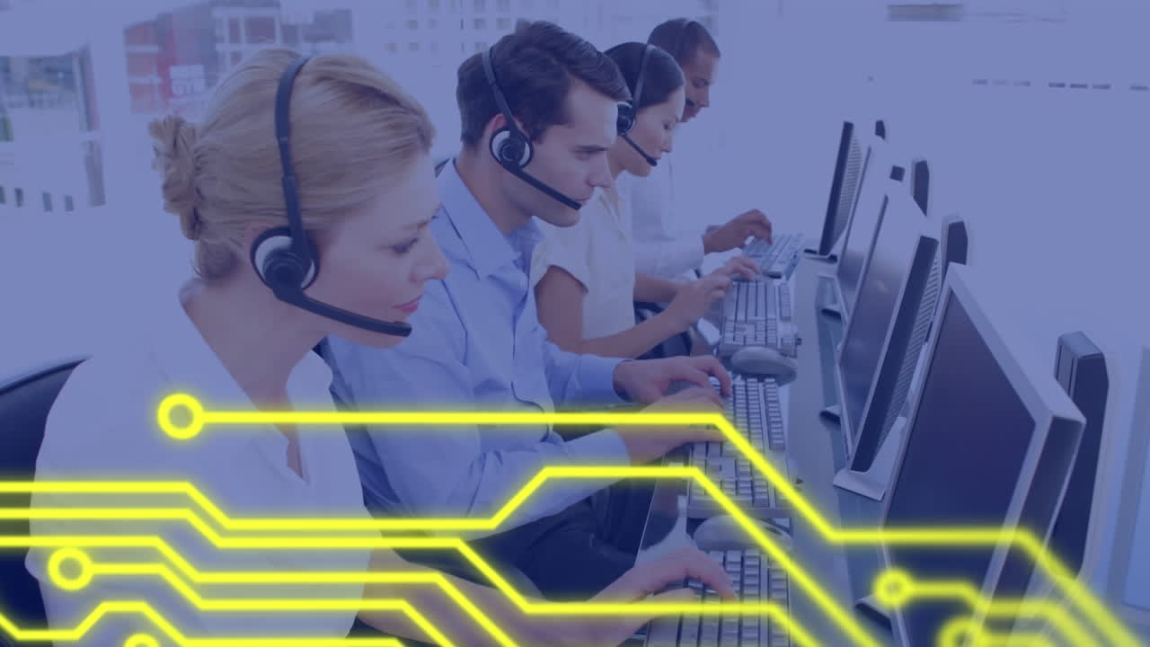 Animation of processor circuit board over business people using phone headsets