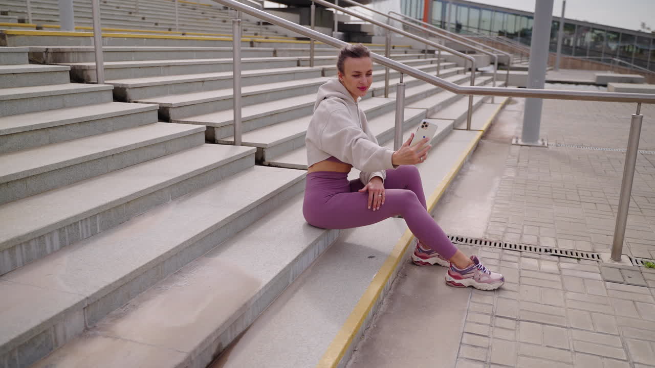 스타디움 계단에서 셀피를 찍는 여자