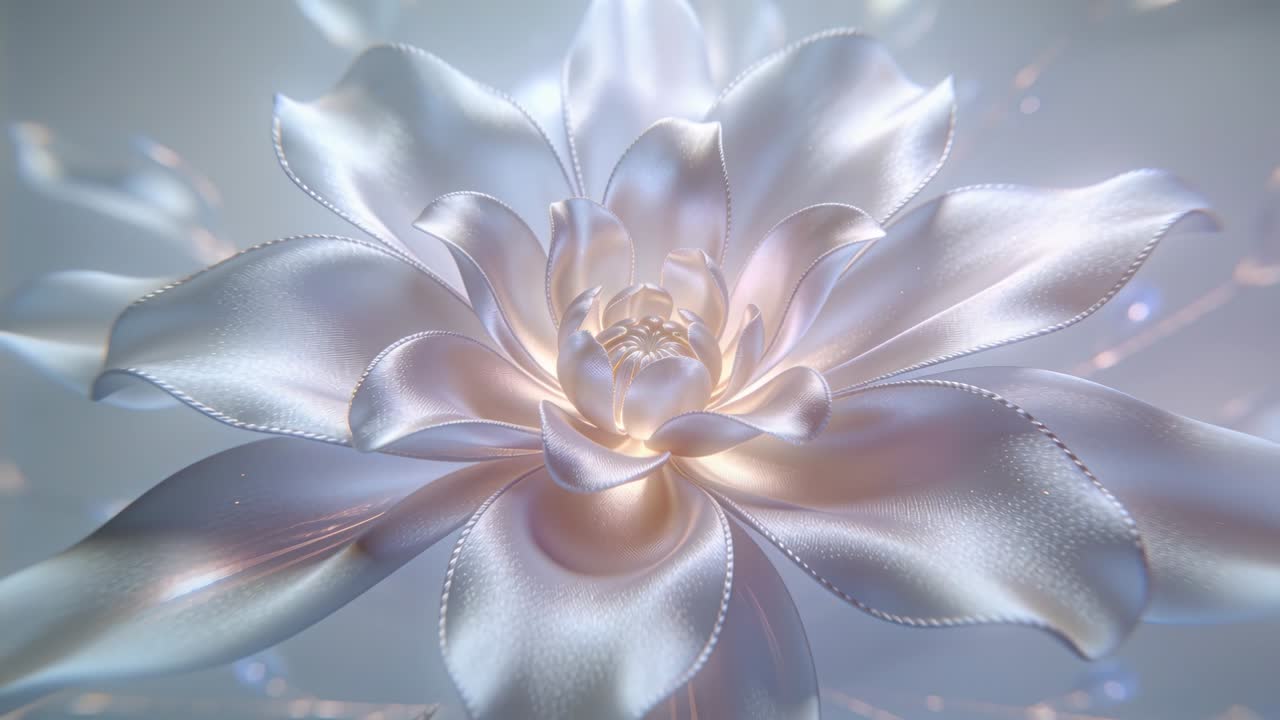 Ritraccio della telecamera che rivela un fiore perlato in studio, mostrando un caldo bagliore interno e bordi perlinati.