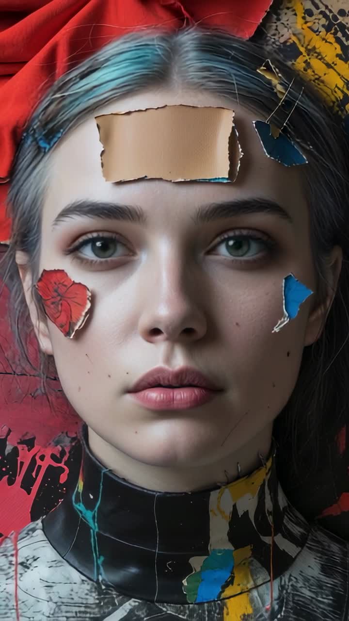 Vertical video: Reacting to eye opening model displaying surprise in studio, with torn paper shards