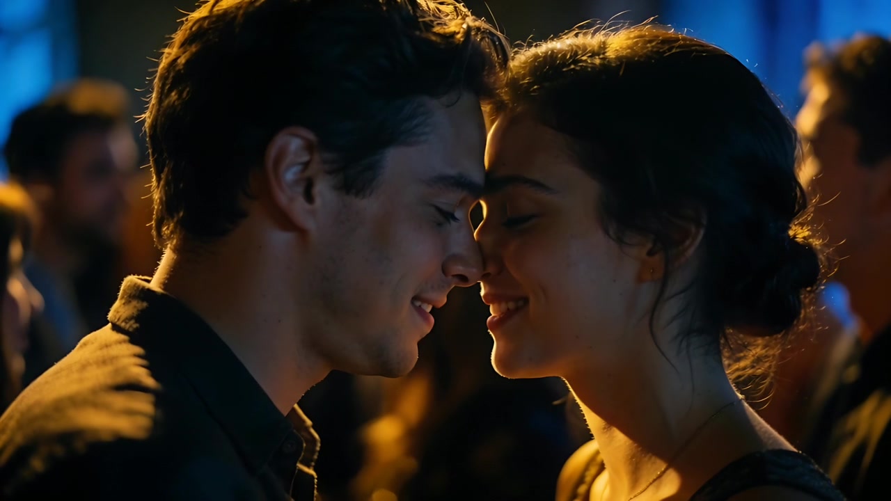 Exchanging warm smiles, couple leaning closer and sharing pause at crowded bar, dark shirt visible