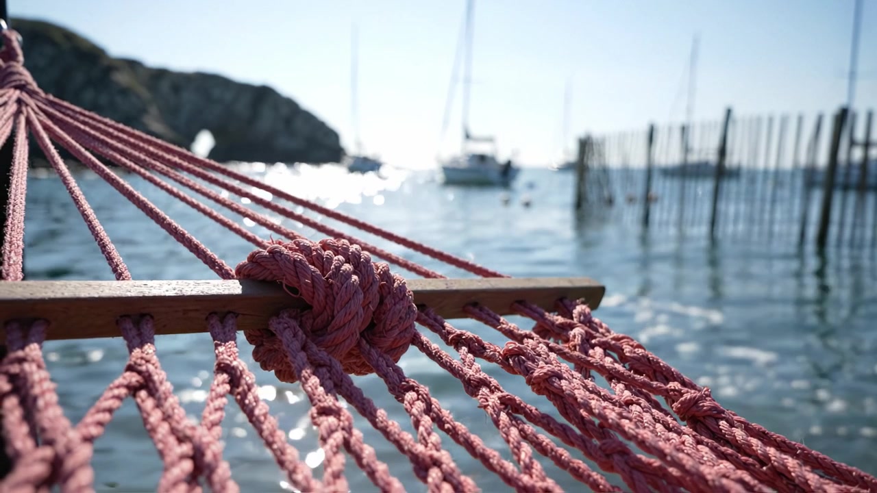 Amaca Serena in Riva al Mare: Una Vista Rilassante Sull'Acqua con Barche e Onde Leggere Sotto un Cielo Limpido, Perfetta per il Tempo Libero e la Tranquillità