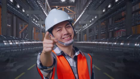 Close Up Of Asian Male Engineer With Safety Helmet Smiling And Touching His Chest Then Pointing At You While Standing With Metal Pipes