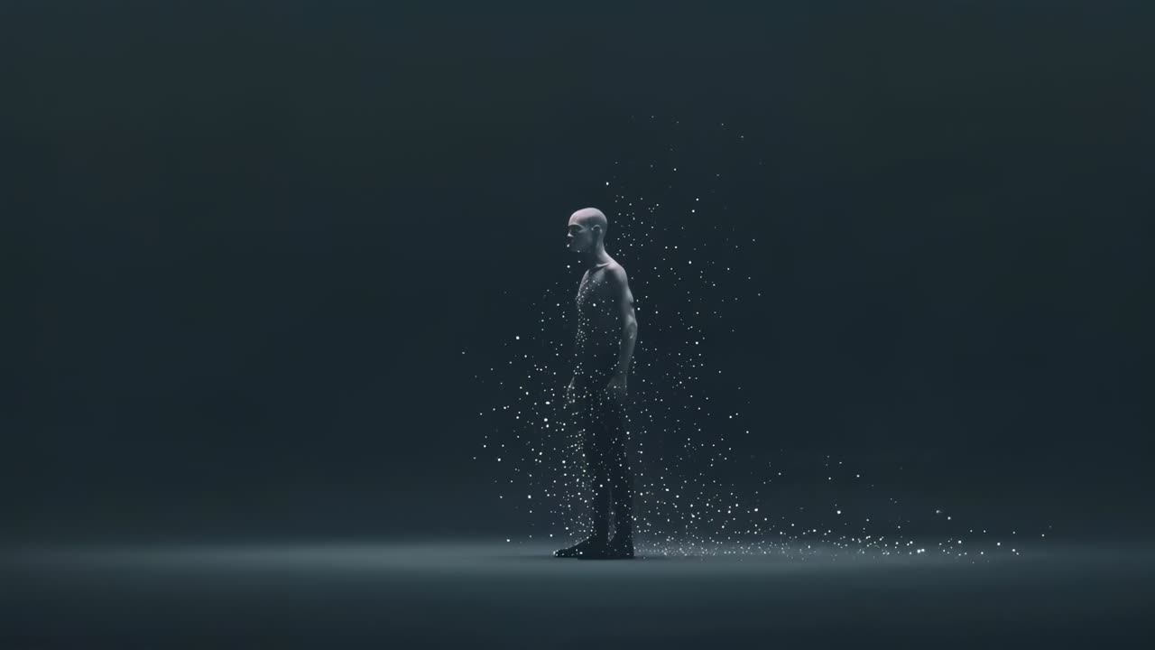 Emissione di scie di particelle, umanoide wireframe luminoso che si dissolve su un piano da studio scuro, spazio per la copia