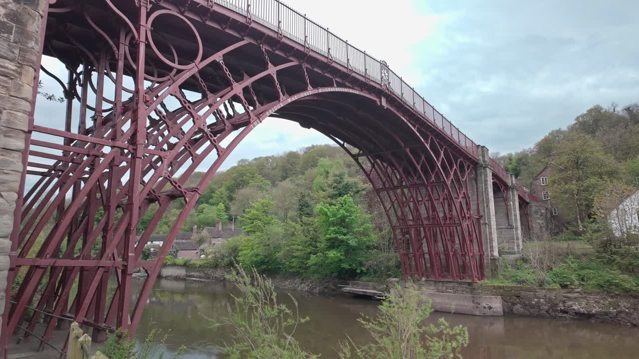 Looking up to Cast iron bridge framework over River Severn gorge