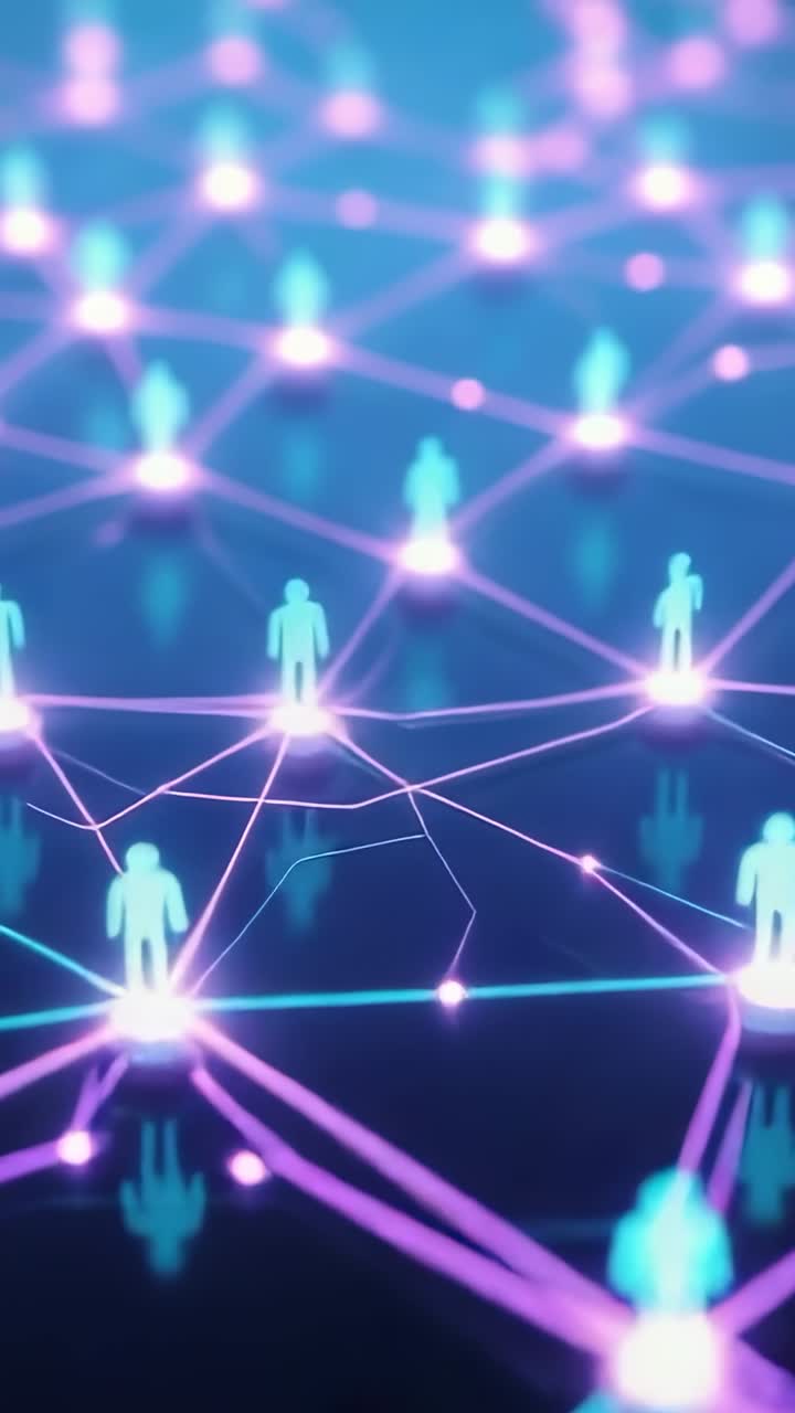 Vertical video: Camera zooming in on digital avatar network pulsing nodes, highlighting neon lines