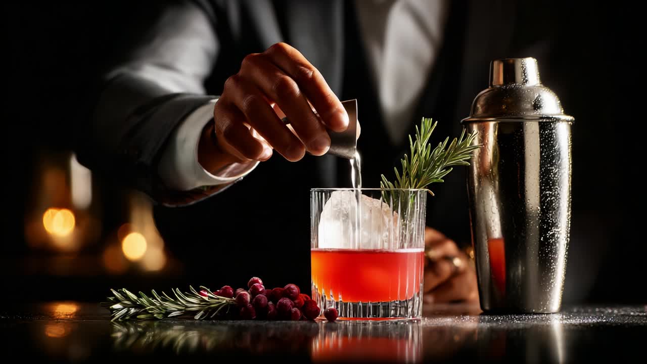 A Sophisticated Bartender Perfectly Preparing a Luxurious Cocktail with Fresh Ingredients, Showcasing Craftsmanship and Elegance in a Dimly Lit Bar Environment with Distinctive Elements
