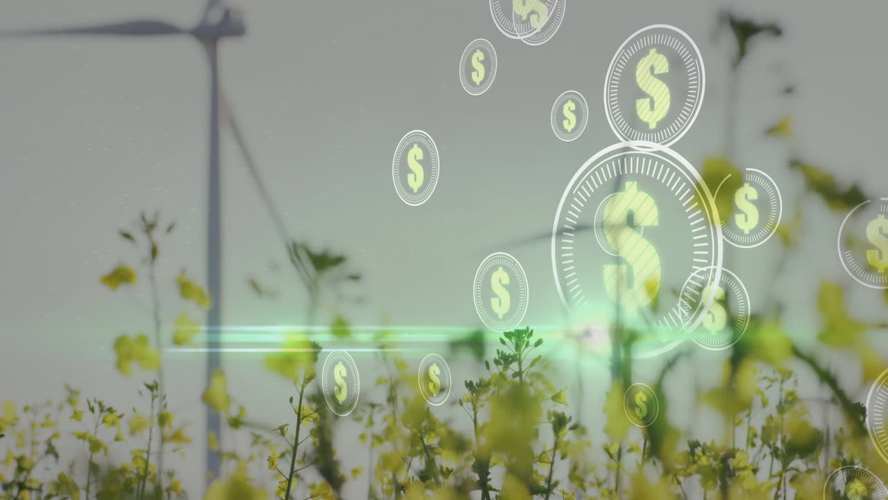 Dollar symbols animation over wind turbine and yellow flowers in field