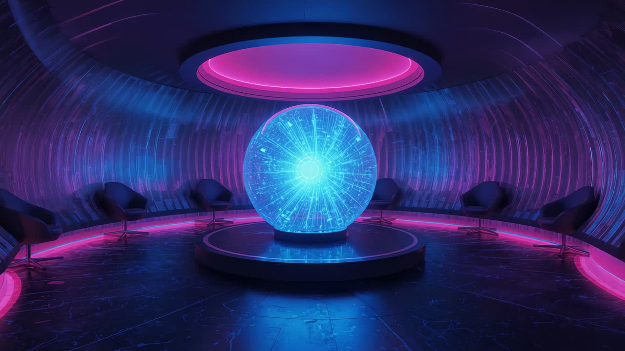 Pulsating holographic orb emitting blue glow on pedestal in neon chamber, creating ambient focus