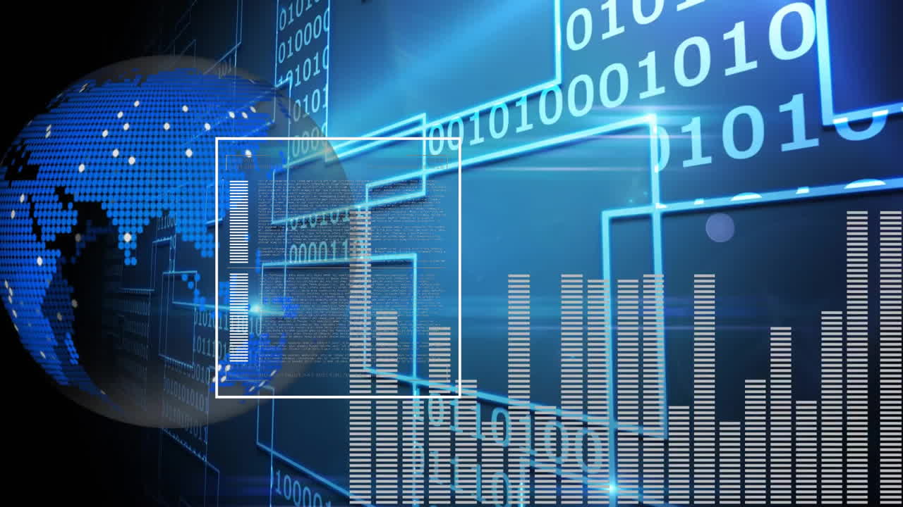 animación de procesamiento de datos de codificación binaria sobre el globo en fondo oscuro