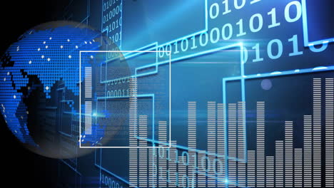 animation of binary coding data processing over globe on dark background
