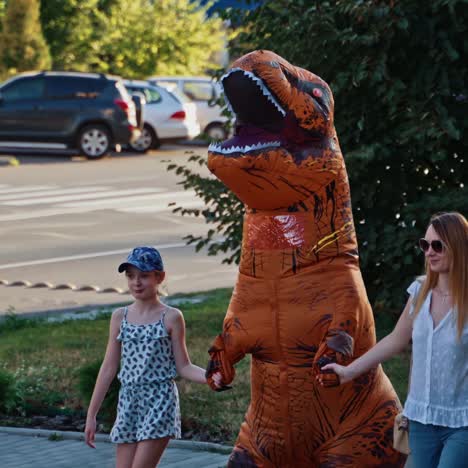 dinosaur costume at city sidewalk