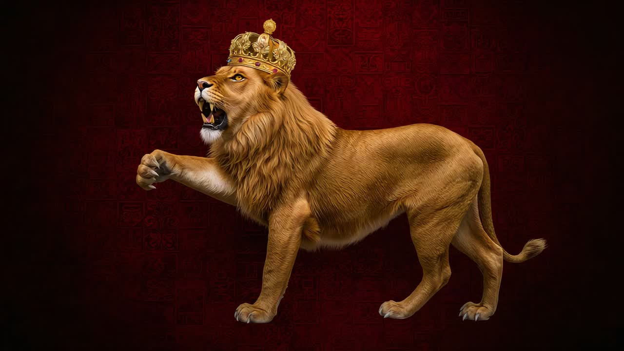 Lion wearing golden crown raising paw roaring amid shifting red amber glow, with drifting particles