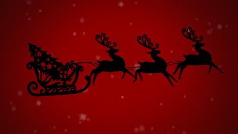 snowflakes falling over christmas tree in sleigh being pulled by reindeers against red background