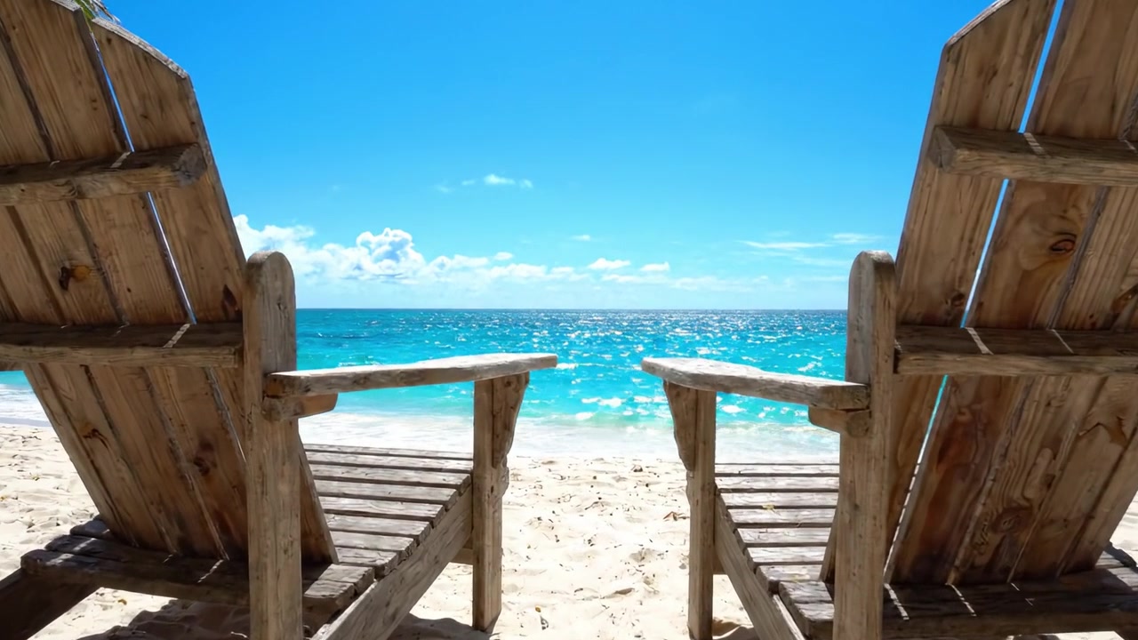 Pemandangan Tepi Pantai yang Tenang dengan Dua Kursi Kayu Menghadap Air Jernih dan Langit Biru Cerah