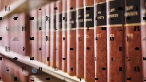 animation of education icons over rows of books on shelf in library